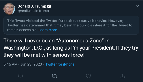 This image shows a real tweet from @realDonaldTrump with a real info box that twitter moderators later added to it that says 'This Tweet violated the Twitter Rules about abusive behavior. however, Twitter has determined that it may be in the public's interest for the Tweet to remain accessible. Learn more'. The bottom of the tweet shows replies and likes disabled. This image illustrates the similarity of the current functionality of twitter to the proposed Mea Culpa feature.